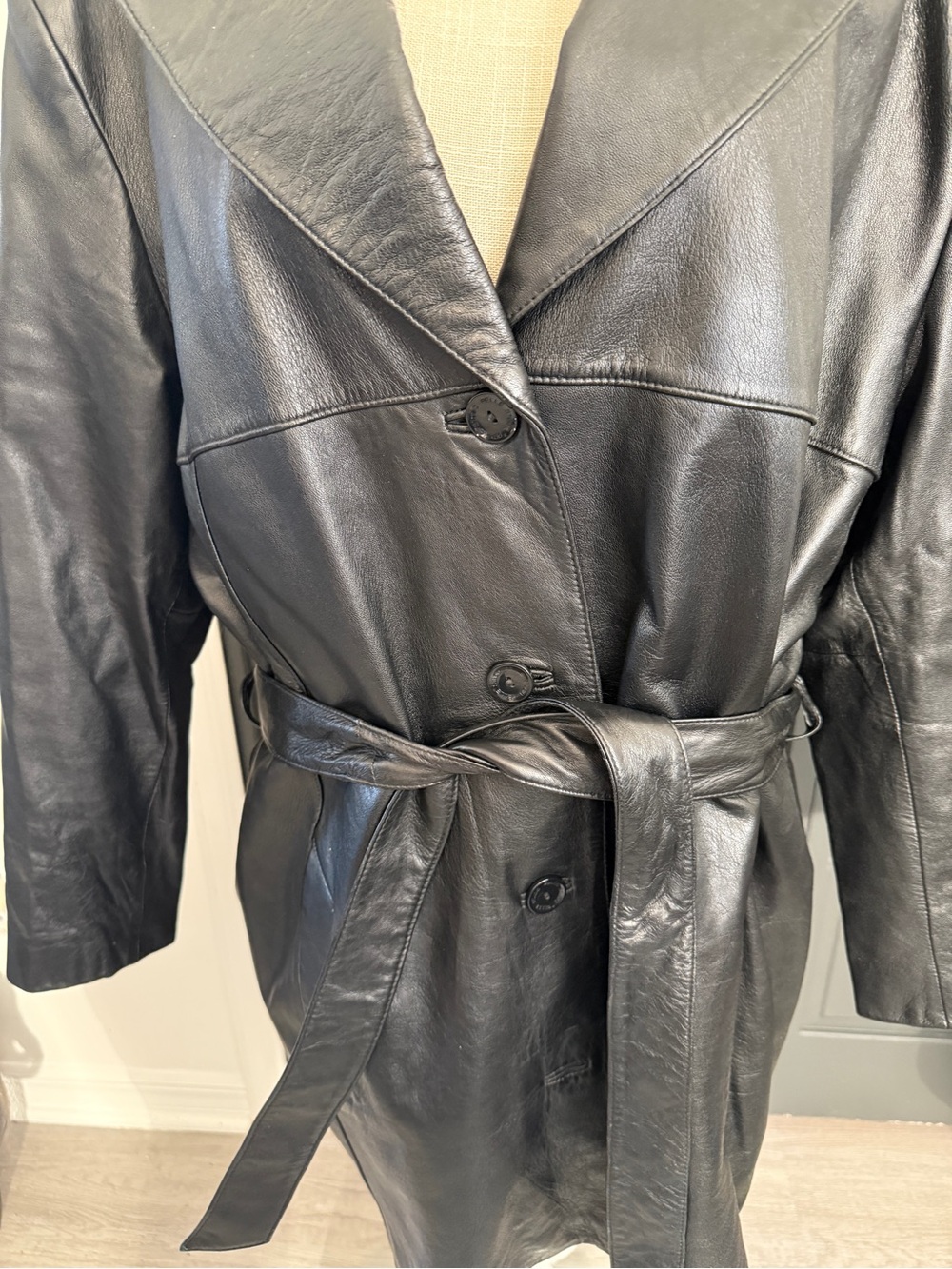 Vintage Wilsons Leather Pelle Studio Black Leather Belted Trench Coat Jacket 2X - Picture 4 of 14